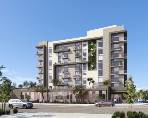 a rendering of an apartment building on a city street