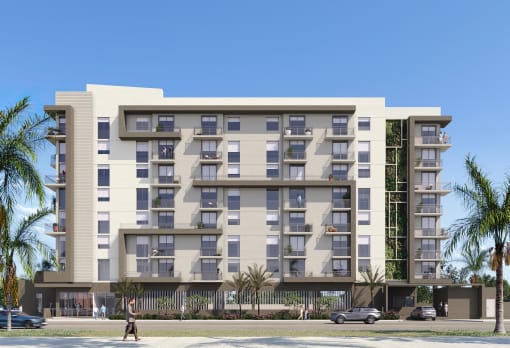 a rendering of an apartment building on the corner of a street