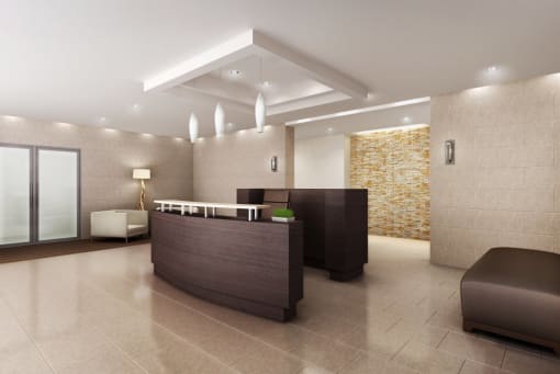 a rendering of a lobby with a reception desk and a stone wall  at The Sheffield Englewood, Englewood, 07631