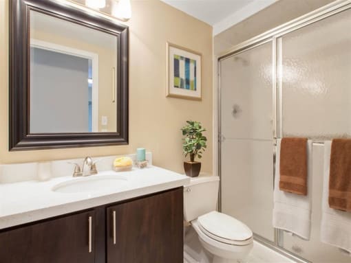 Modern bathroom with tub and hammered glass shower door  at Prospect Place, New Jersey, 07601
