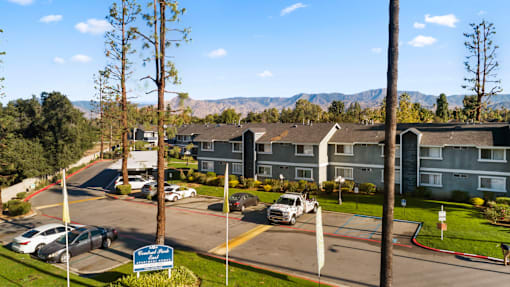 A view of a parking lot with a sign that says "Campbell".