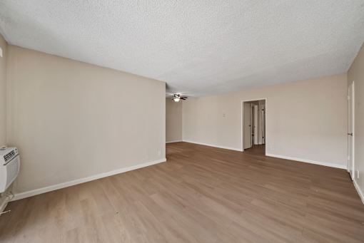 A room with a wooden floor and a door in the middle.