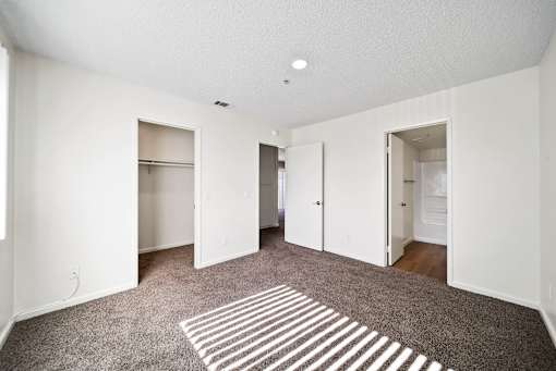A room with a striped rug on the floor and three open doors.
