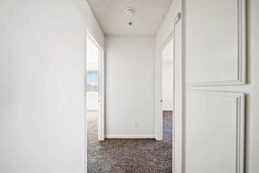 A white hallway with a carpeted floor and white walls.