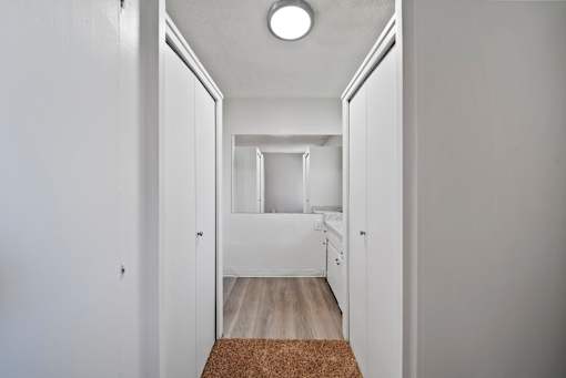 A hallway with a brown rug on the floor.