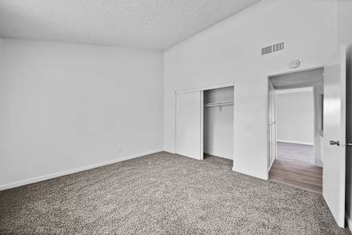 A room with a grey carpet and white walls.