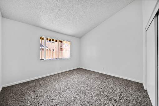 A room with a carpeted floor and a window with blinds.