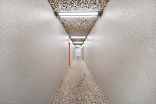 A long, narrow hallway with a carpeted floor and white walls.