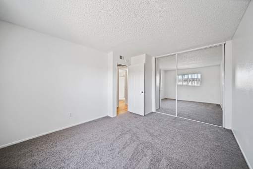 A room with a carpeted floor and a doorway leading to another room.