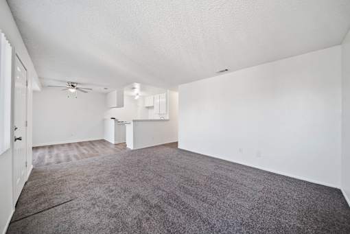 A spacious room with a ceiling fan and carpeted floor.