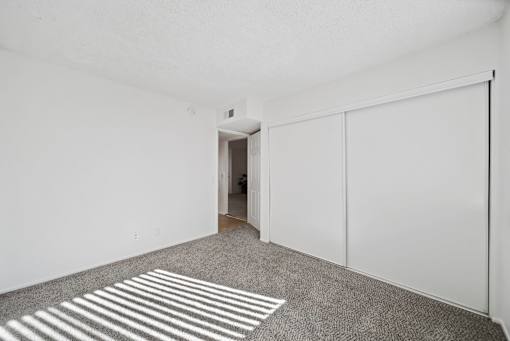 A room with a carpet and a white wall.