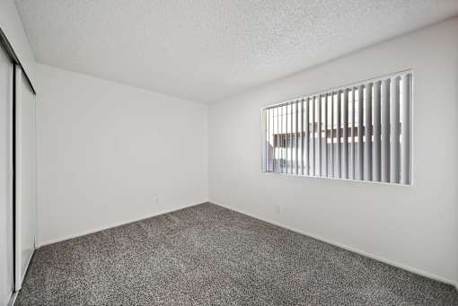 A room with a carpeted floor and a window with horizontal blinds.