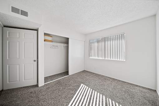 A room with a white door, a window with blinds, and a closet with clothes.