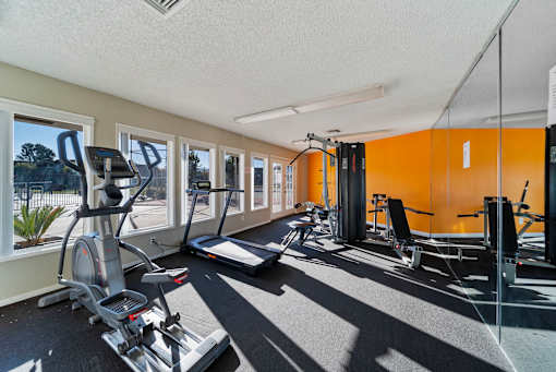 A gym with a row of treadmills and exercise bikes.