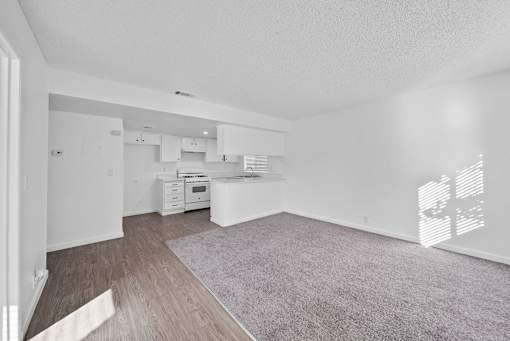 A spacious living room with a grey carpet and wooden flooring.