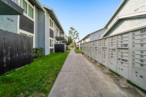 A long concrete walkway leads between two rows of mailboxes.
