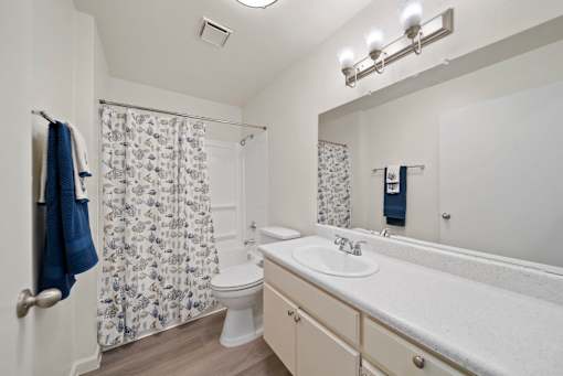 A bathroom with a toilet, sink, and shower curtain.