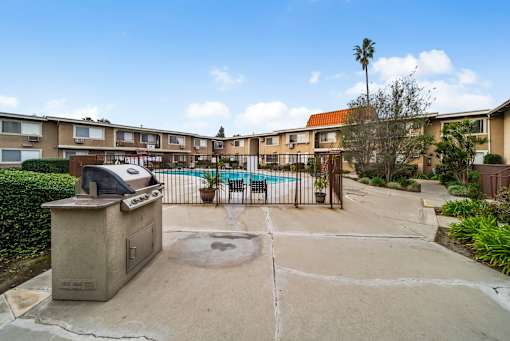 A pool in a courtyard surrounded by apartment buildings.