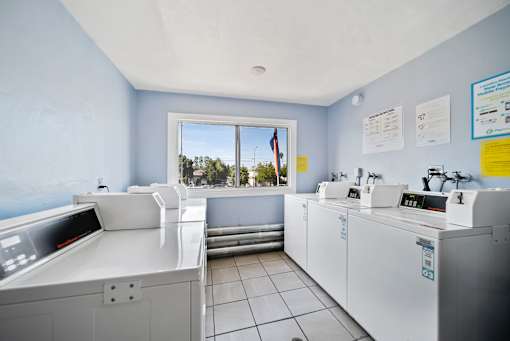 A clean, well-organized laundry room with a view of trees outside the window.