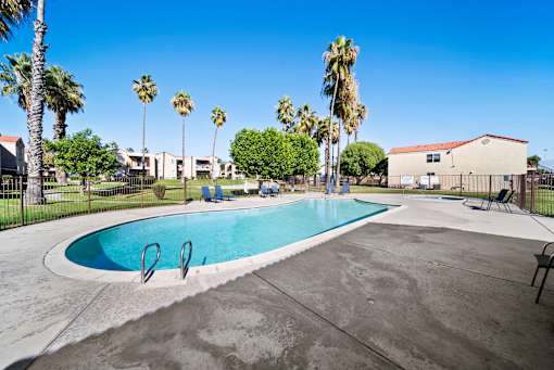 A swimming pool surrounded by palm trees and lounge chairs.