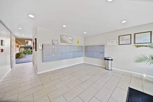 A white hallway with a trash can and a plant.