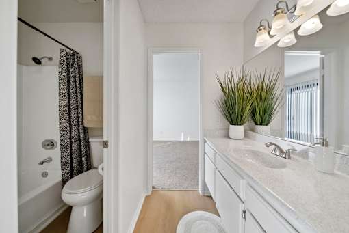 A white bathroom with a toilet, sink, and mirror.