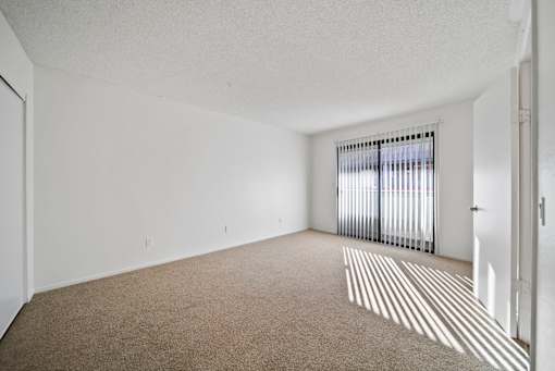 A room with a carpeted floor and a window with blinds.