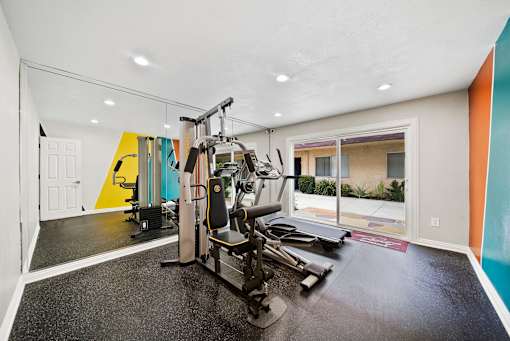 A gym with a treadmill, weights, and other exercise equipment.