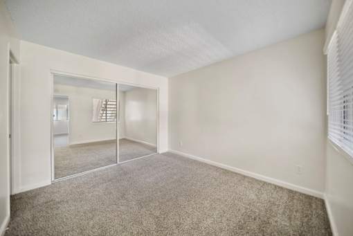 A room with a carpeted floor and a sliding glass door.