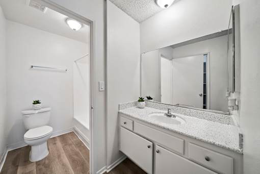A white bathroom with a toilet, sink, and mirror.