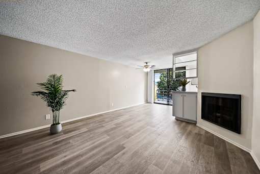 A room with a fireplace and a plant.