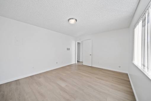 A room with a wooden floor and a door.