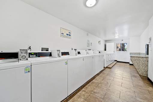 A row of washing machines are lined up in a laundromat.