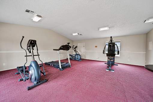 A room with a red carpet and exercise equipment.