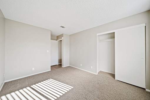 A room with a carpet and a white door.