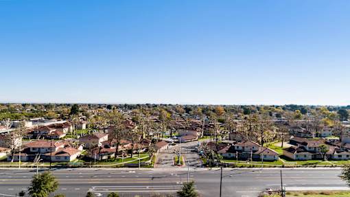 A suburban street with houses on both sides and a clear blue sky.