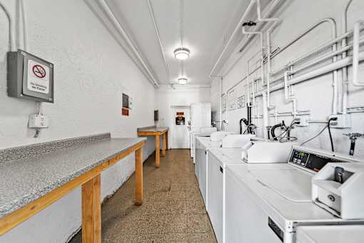 A clean, white industrial kitchen with a no smoking sign on the wall.