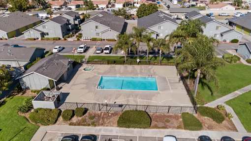 Drone view of Cotton Wood Apartment's hot tub and pool.