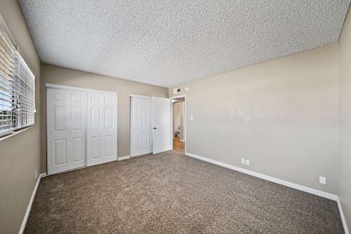 A room with a carpeted floor and two white doors.