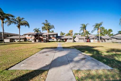 A concrete pathway leads to a row of houses with palm trees in the background.
