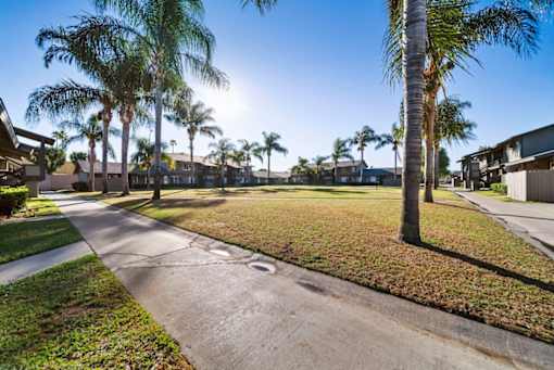 A sunny day in a residential area with a clear blue sky.
