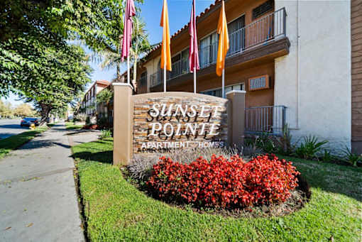 Sunset Pointe Apartment Homes sign with red flowers in the foreground.