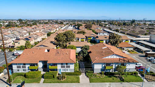 A residential area with houses and a clear sky.