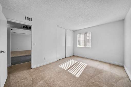 A room with a carpet and a window with blinds.