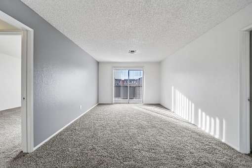 A room with grey carpet and white walls.
