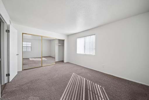 A room with a carpeted floor and a large mirror on the wall.