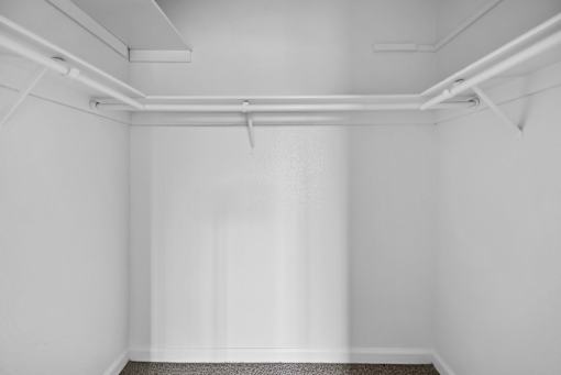 A white room with a grey carpet and white walls.