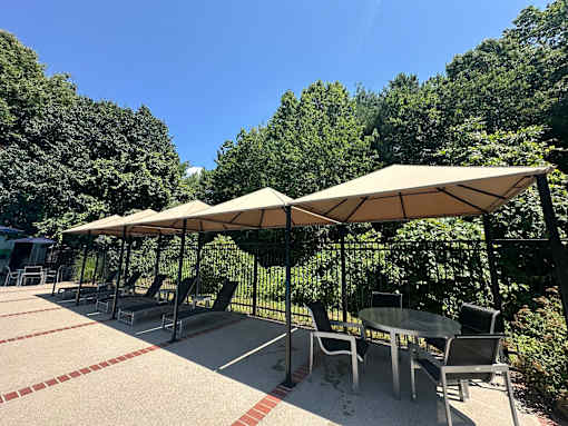 A patio with a table and chairs under a canopy.