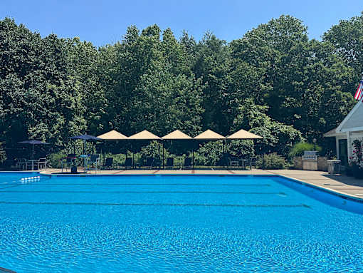 A large blue swimming pool surrounded by trees and umbrellas.