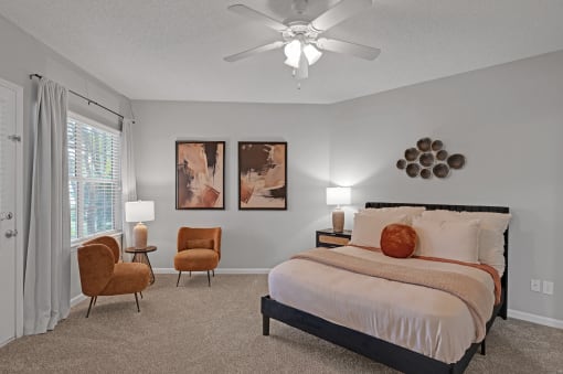 Bedroom with bed and ceiling fan  at Harrison Grande, Cary, NC, 27513